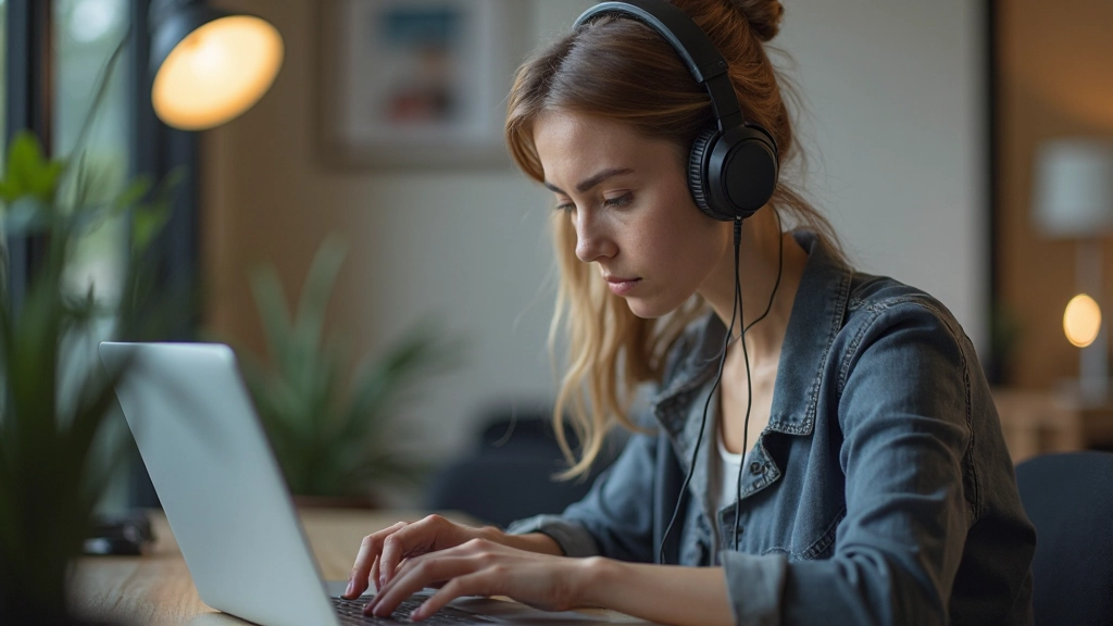 Профессиональное фото молодого человека с наушниками, сосредоточенного на работе за компьютером