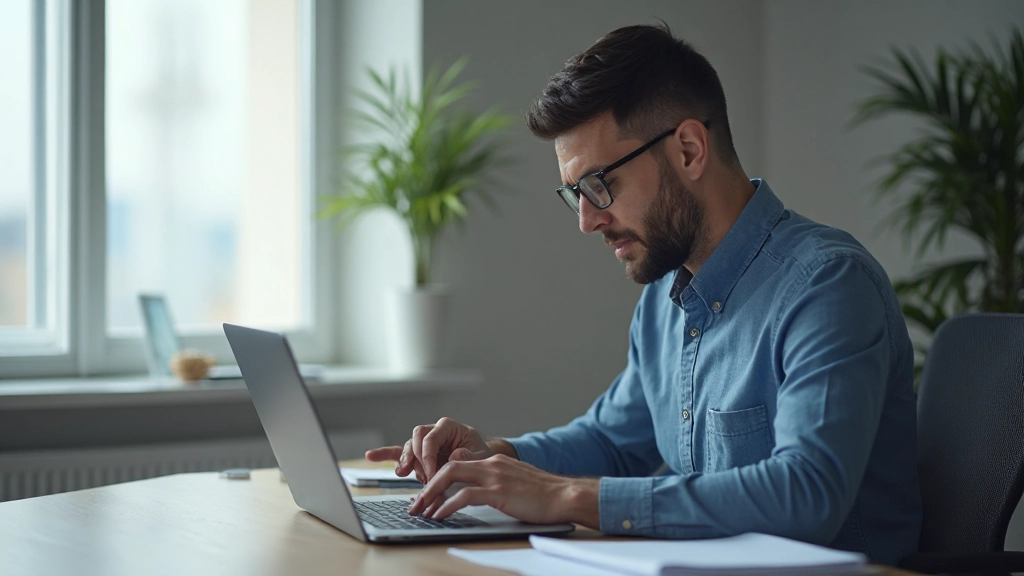 Профессиональное фото сосредоточенного человека за работой с ноутбуком в современном офисе