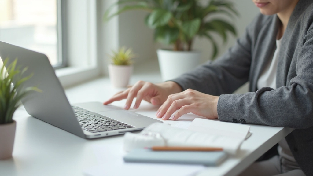 Организованное рабочее пространство с ноутбуком, растением и минимальным беспорядком, светлый офис, естественное освещение