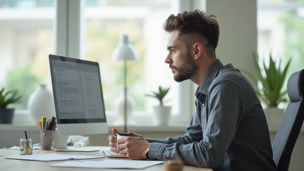 Профессиональное фото человека, пьющего воду или чай рядом с ноутбуком в офисной среде
