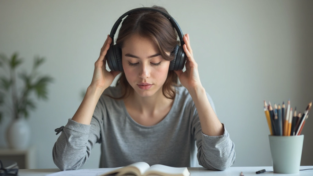 Человек слушает музыку в наушниках, сосредоточенное выражение лица, две руки видны, спокойная обстановка